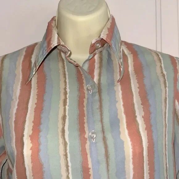 Vintage 70s College Town Striped Orange, Blue, Green, Tan & Cream Shirt - Picture 2 of 9